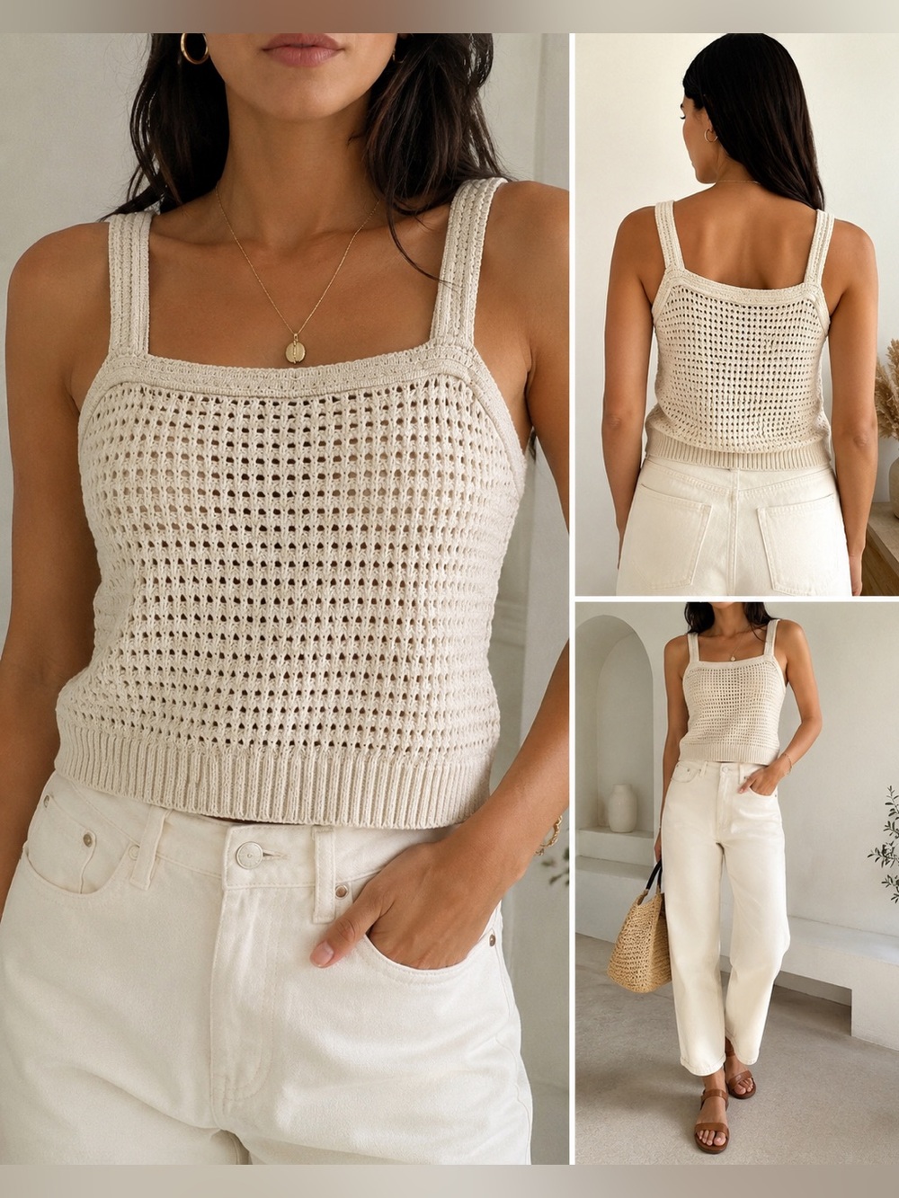 Universal Thread Crochet Knit Tank Top Cream Boho Sleeveless Sweater L